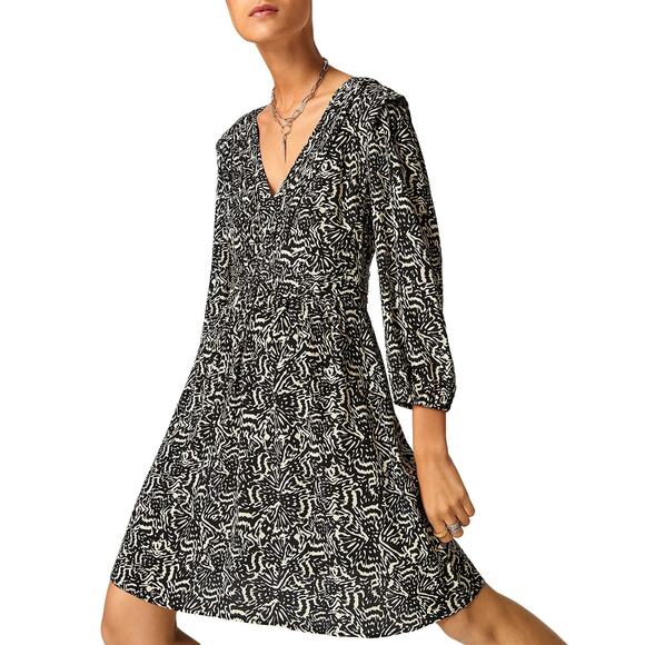 BA&SH Dress M LIA PLEATED Viscose Crepe Shift Mini V-Neck Balloon Sleeve Black - Picture 1 of 14